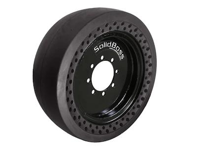 SolidBoss solid tire wheel with perforated black rim and white lug holes