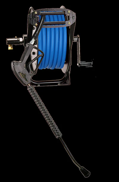 Black and blue manual hose reel with hand crank and attached hose on white background