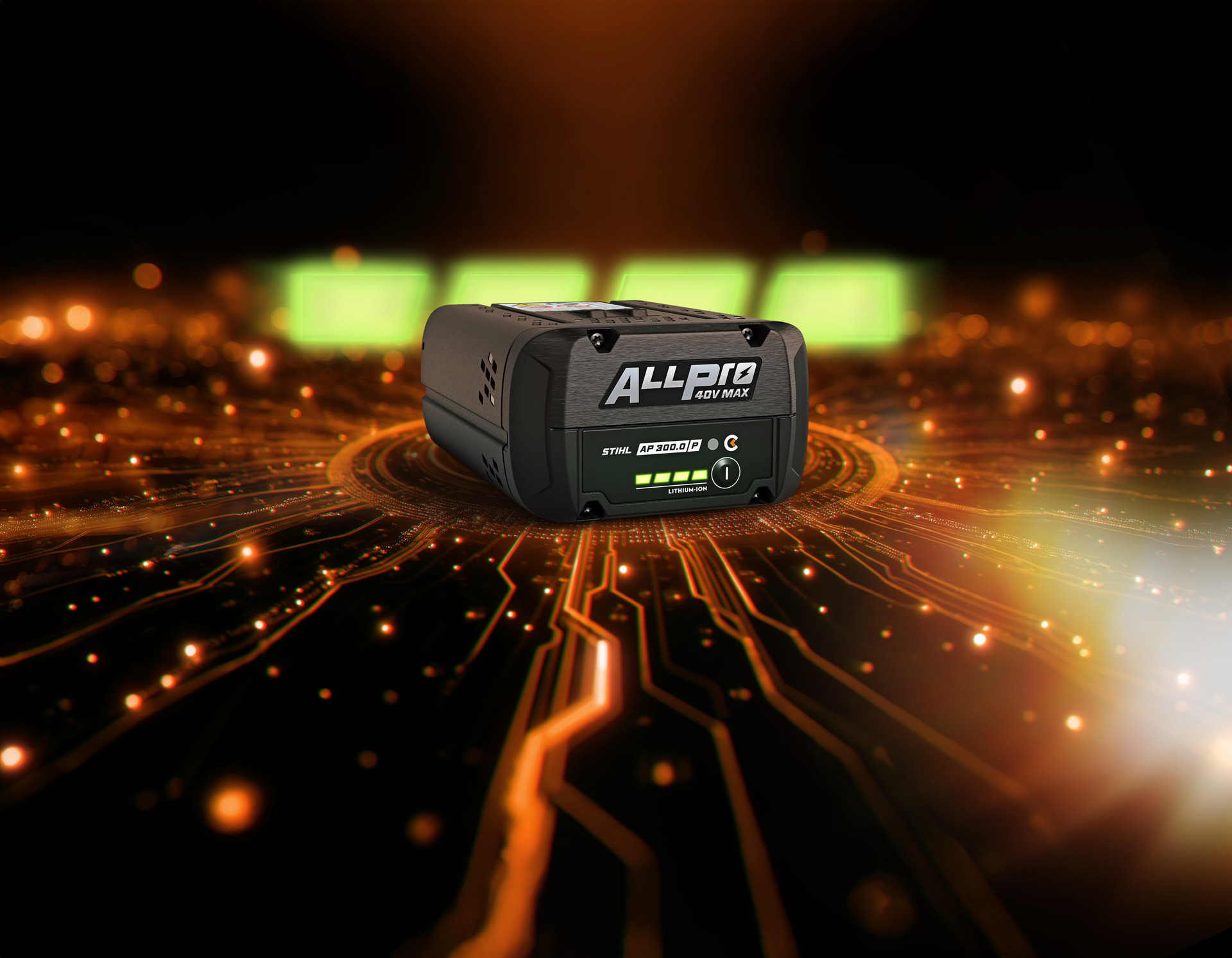 Allstar battery pack with LED indicators displayed on digital circuit board background with orange lighting effects