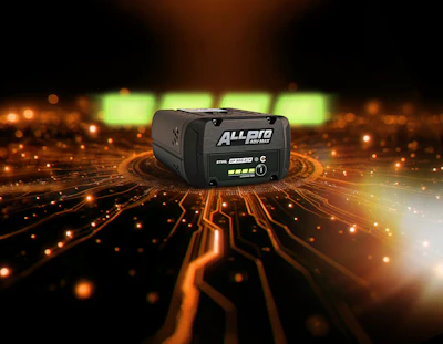 Allstar battery pack with LED indicators displayed on digital circuit board background with orange lighting effects