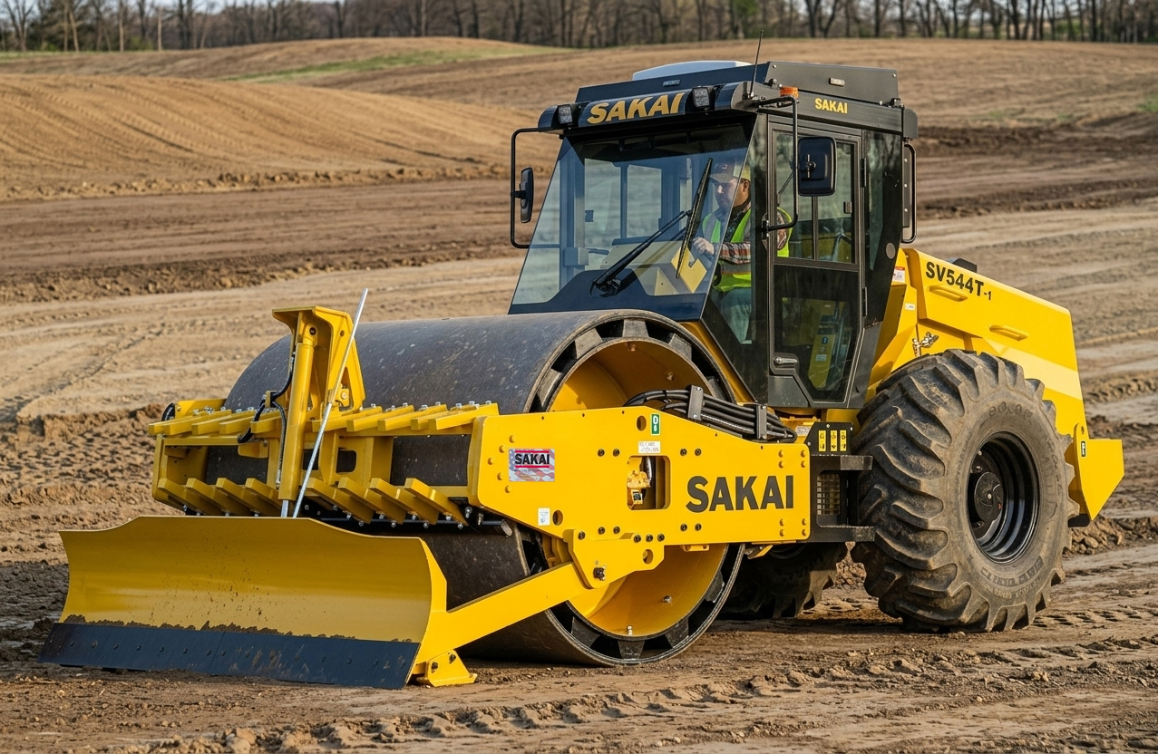 Yellow SAKAI vibratory roller compactor working on construction site with dirt fields in background