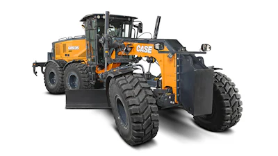 CASE 835 motor grader with orange and black design, featuring large treaded tires and hydraulic blade system