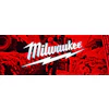 Milwaukee brand logo with lightning bolt on red industrial tools background