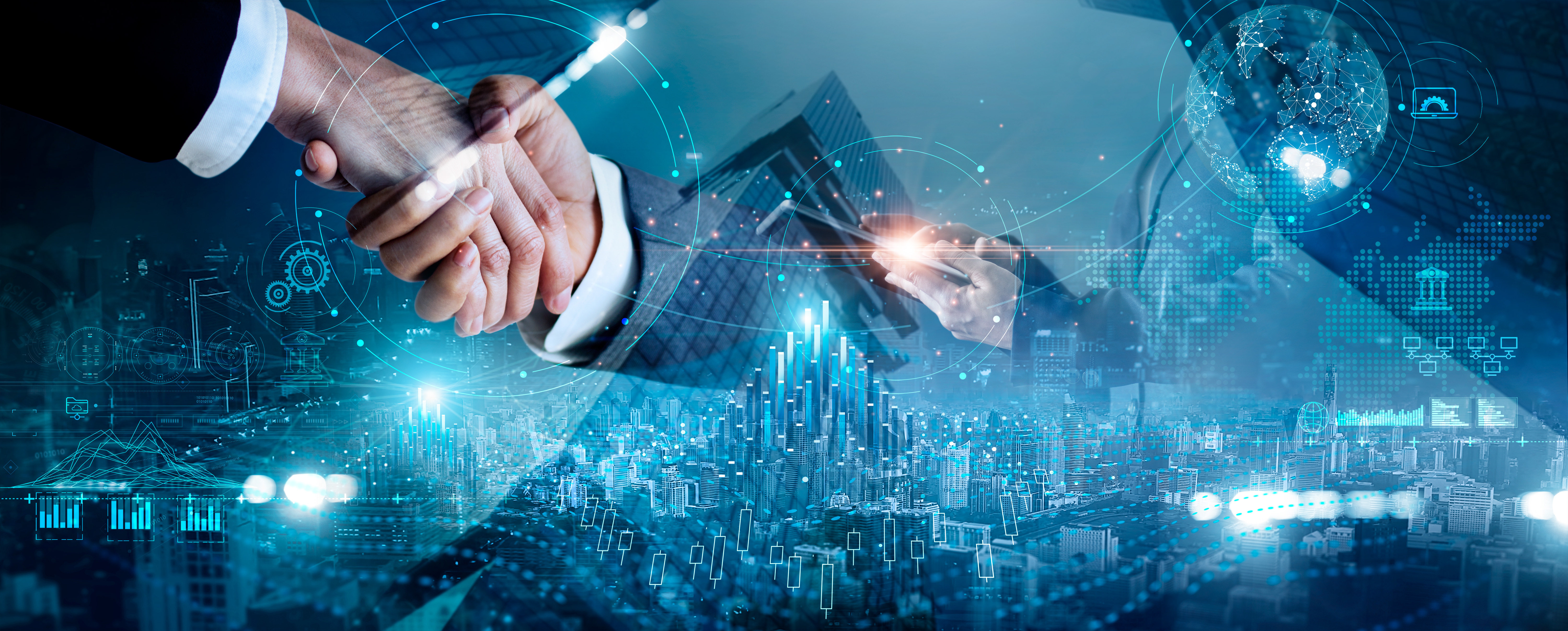 Business professionals shaking hands with digital financial charts, global connectivity symbols, and data analytics overlays representing global commerce and partnership.