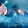Business professionals shaking hands with digital financial charts, global connectivity symbols, and data analytics overlays representing global commerce and partnership.