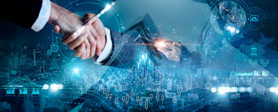 Business professionals shaking hands with digital financial charts, global connectivity symbols, and data analytics overlays representing global commerce and partnership.
