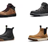 Four work boots displayed in a grid showing brown, black, and tan leather styles with varying heights and designs