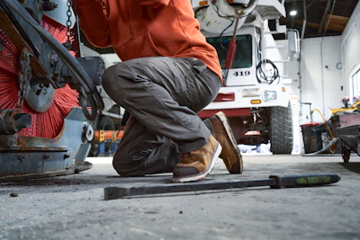 Mechanic crouching while working on equipment in a garage workshop with a fire truck visible in background