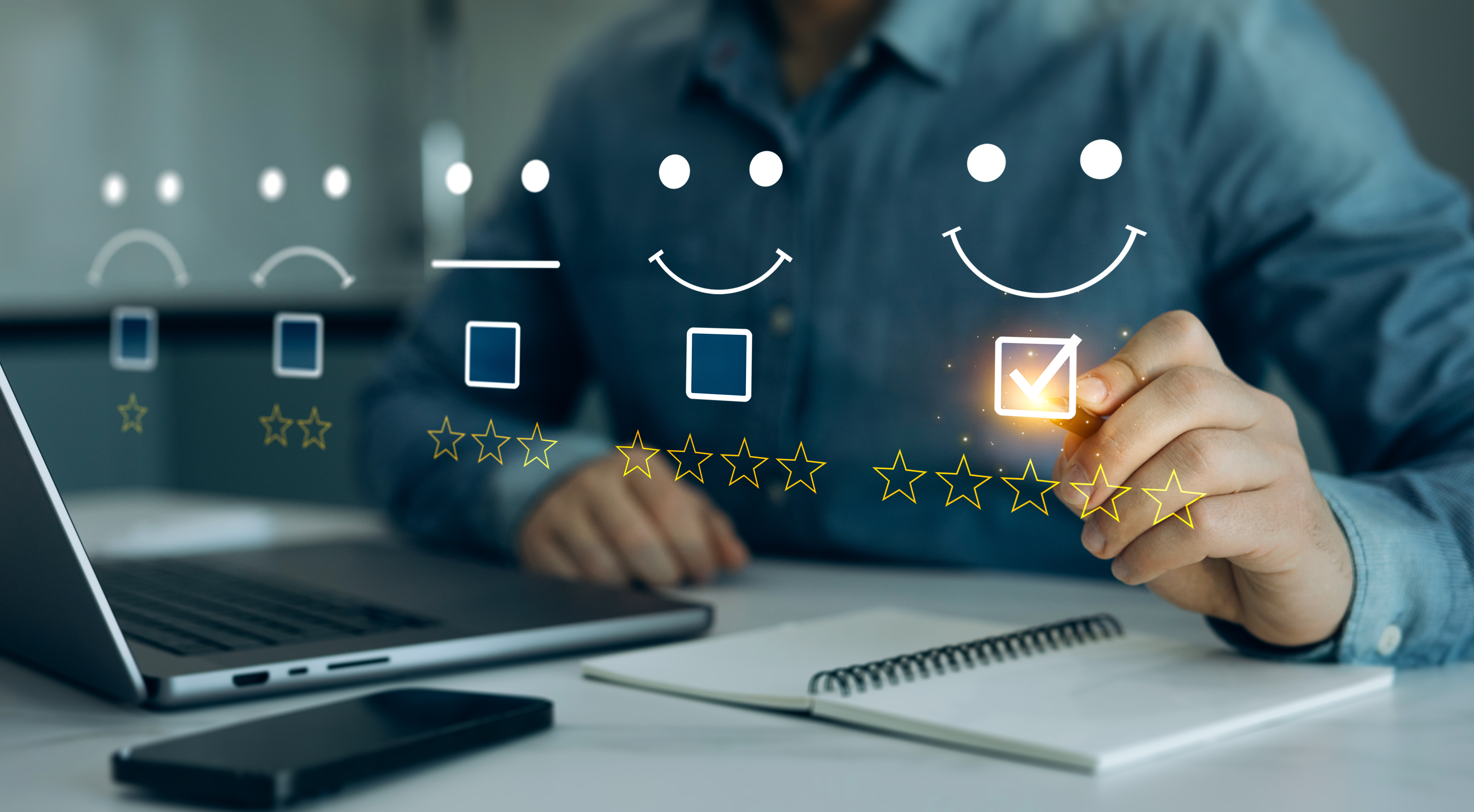 Person selecting five-star rating on customer satisfaction feedback survey displayed on laptop screen