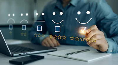 Person selecting five-star rating on customer satisfaction feedback survey displayed on laptop screen