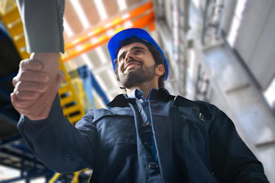 Construction worker in blue hard hat looking upward on industrial job site