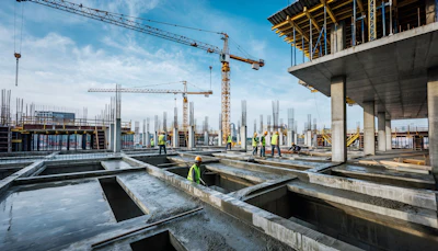 Construction workers in safety vests on concrete foundation with cranes and steel framework at active building site