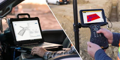 Field workers using rugged tablets and GPS surveying equipment at construction site with technical blueprints and 3D models displayed