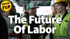 Construction workers discuss labor practices with 'Watch FCP' logo overlay promoting labor awareness