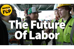Construction workers discuss labor practices with 'Watch FCP' logo overlay promoting labor awareness