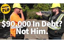 Two construction workers discussing on job site with 'Watch FCP' logo and '$90,000 In Debt? Not Him' text overlay