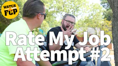 Two men outdoors laughing during Rate My Job Attempt #2 video with FCP watch badge