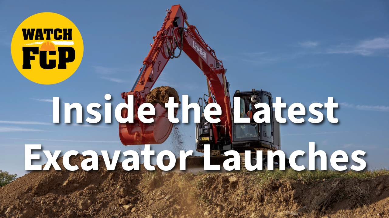 Red excavator on dirt mound with 'Watch FCP' yellow badge and text 'Inside the Latest Excavator Launches'