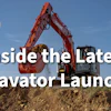 Red excavator on dirt mound with 'Watch FCP' yellow badge and text 'Inside the Latest Excavator Launches'