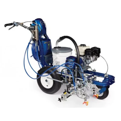 Blue and white industrial spray painting machine with gas-powered engine and hose attachment