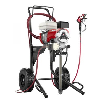 Titan airless paint sprayer with gas engine, red and black frame, pneumatic hose, and spray gun attachment