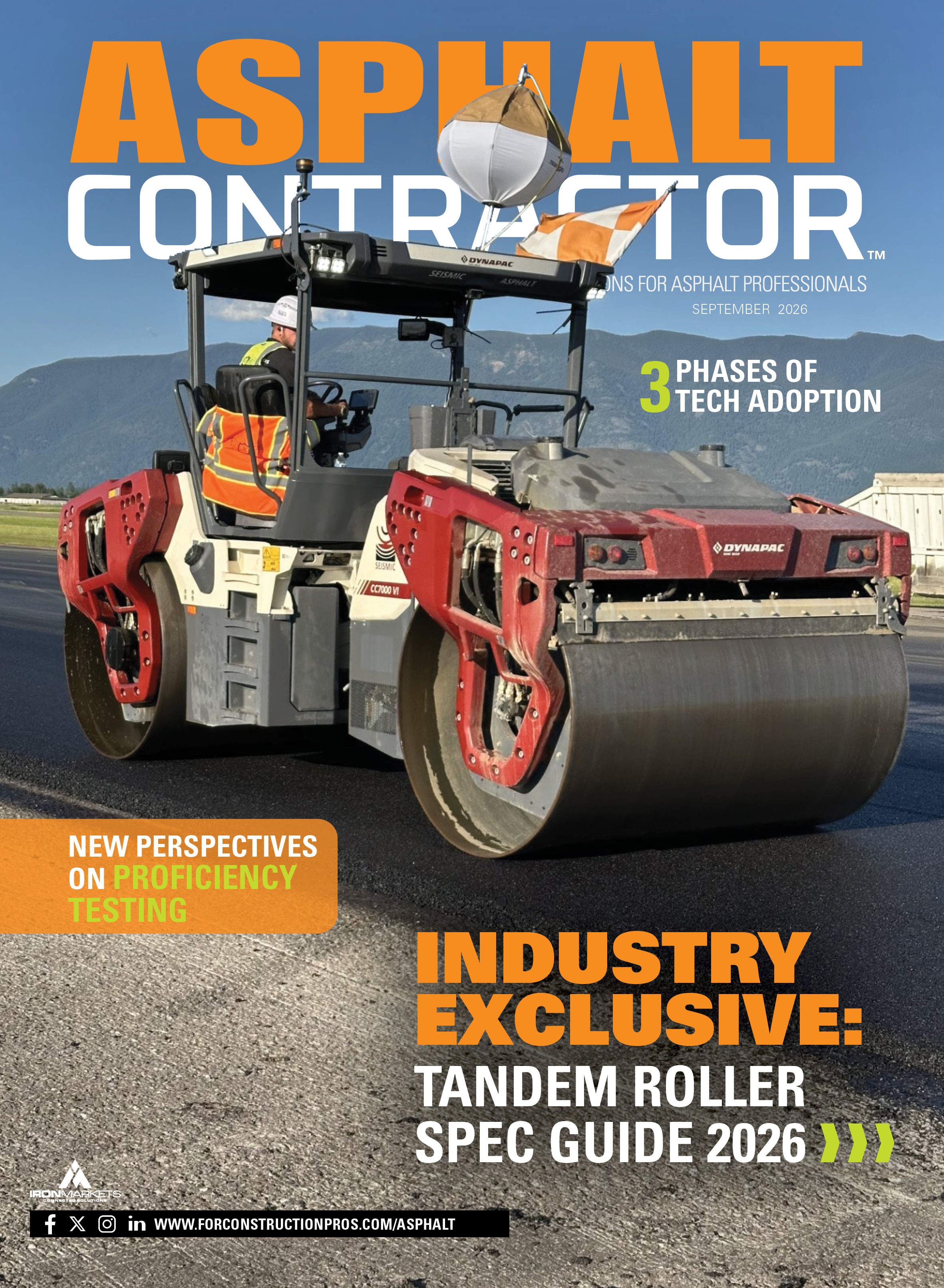 Asphalt Contractor magazine cover featuring red tandem roller compactor on paved surface with mountains in background, September 2026 issue