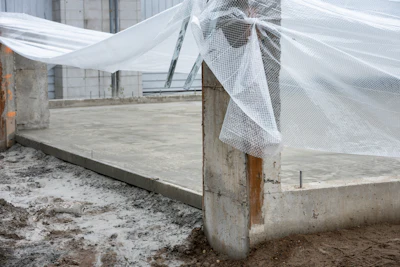 Greenhouse structure with white mesh netting and concrete foundation under construction