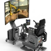 CAT heavy equipment simulator with multi-screen display showing excavator operation training environment