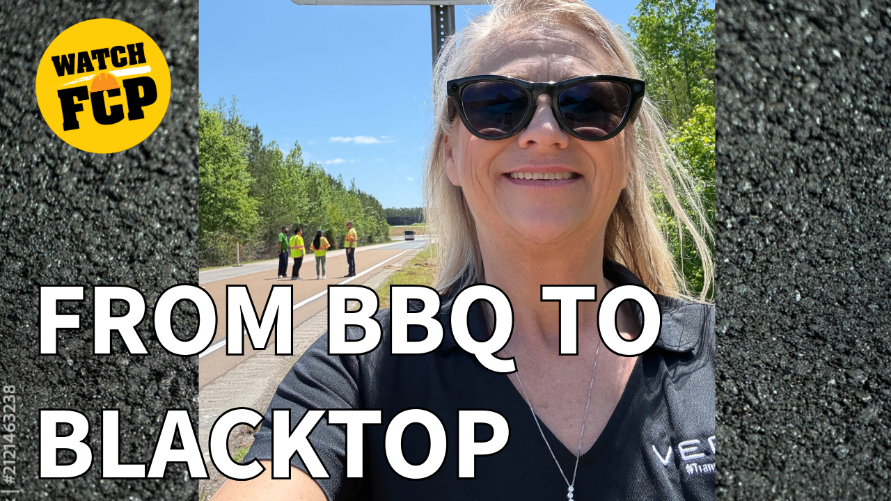 Woman in sunglasses at highway construction site with Watch FCP logo overlay