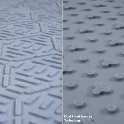 Dual-sided traction technology comparison showing linear tread pattern on left and circular grip elements on right
