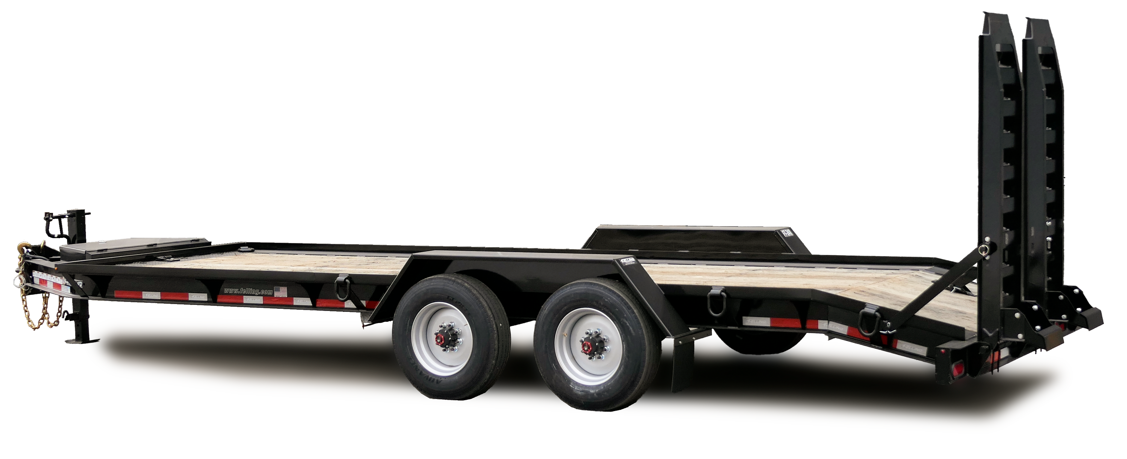 Black gooseneck flatbed trailer with dual axles and hydraulic ramps for equipment hauling