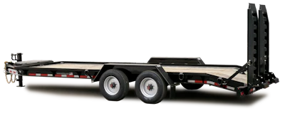 Black gooseneck flatbed trailer with dual axles and hydraulic ramps for equipment hauling