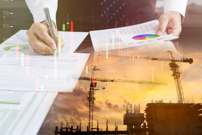 Business professional analyzing financial charts and construction project data with colorful graphs and sunset construction site overlay