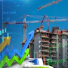 Construction cranes building a residential tower with upward trending financial charts and stock market data overlay representing real estate investment growth