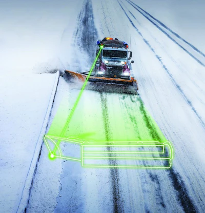 Snow plow truck clearing a snow-covered highway with neon green operational visualization overlay during winter weather.