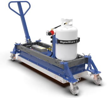 Blue hydraulic floor jack with white fluid reservoir and red pressure gauge on wheels