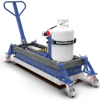 Blue hydraulic floor jack with white fluid reservoir and red pressure gauge on wheels