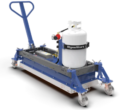 Blue hydraulic floor jack with white fluid reservoir and red pressure gauge on wheels