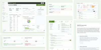 Dashboard analytics interface with multiple data visualizations, charts, tables, and performance metrics displayed across several connected pages