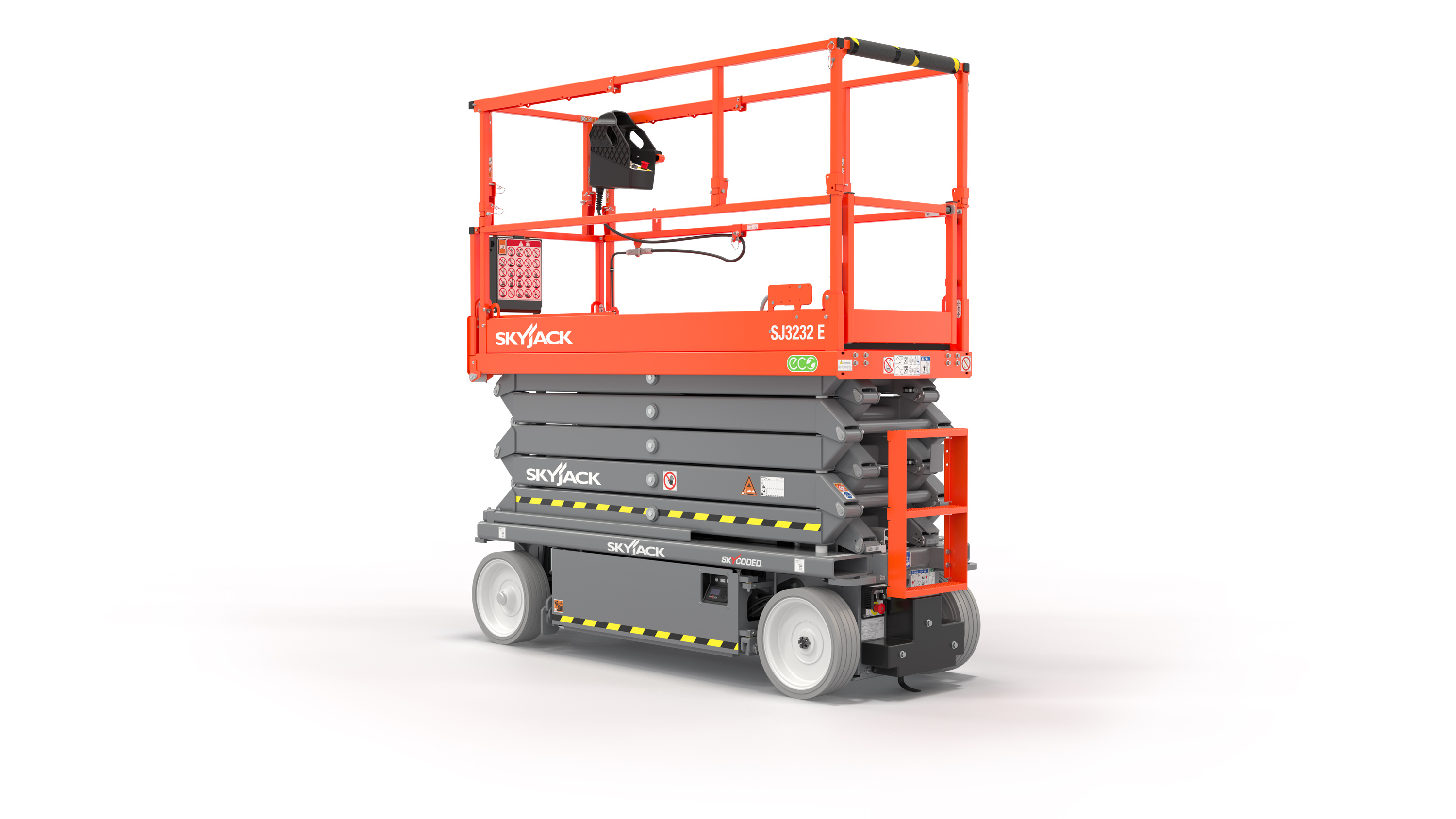 Red and gray Skyjack scissor lift aerial work platform with extended platform and safety railings