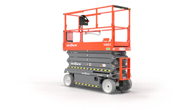 Red and gray Skyjack scissor lift aerial work platform with extended platform and safety railings