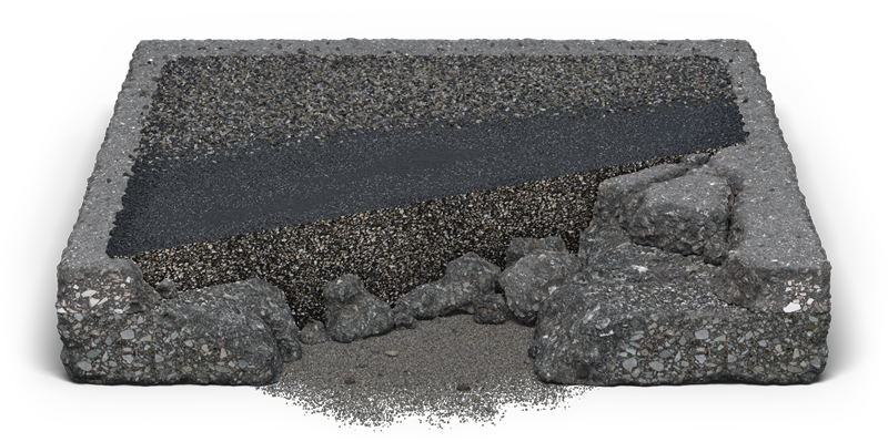 Cross-section diagram showing layers of asphalt pavement and aggregate materials in grayscale