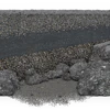 Cross-section diagram showing layers of asphalt pavement and aggregate materials in grayscale