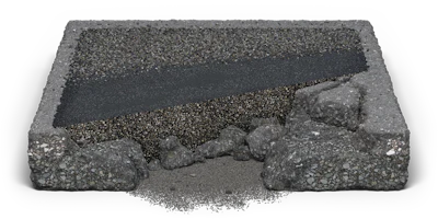 Cross-section diagram showing layers of asphalt pavement and aggregate materials in grayscale