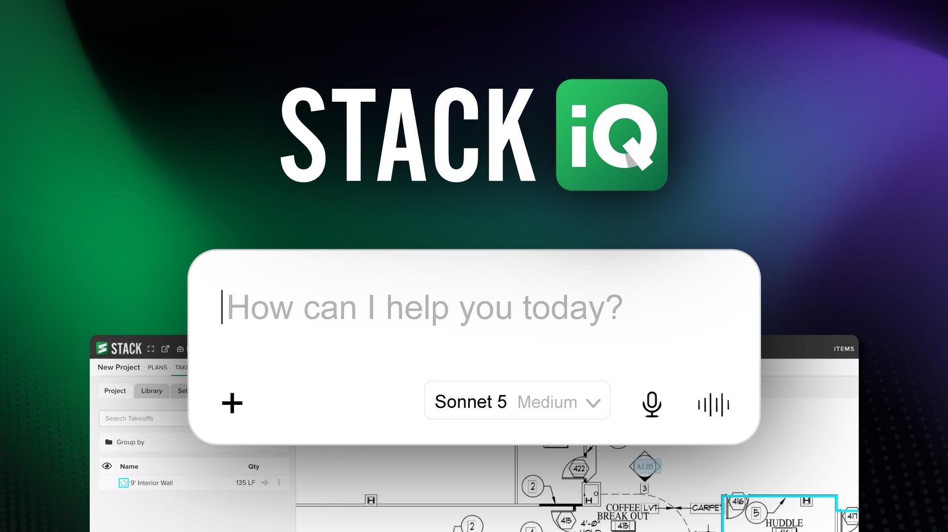 Stack iQ AI assistant interface with search bar and voice control options on gradient background