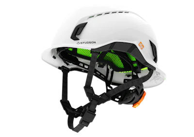 White Studson protective climbing helmet with neon green interior padding and black straps
