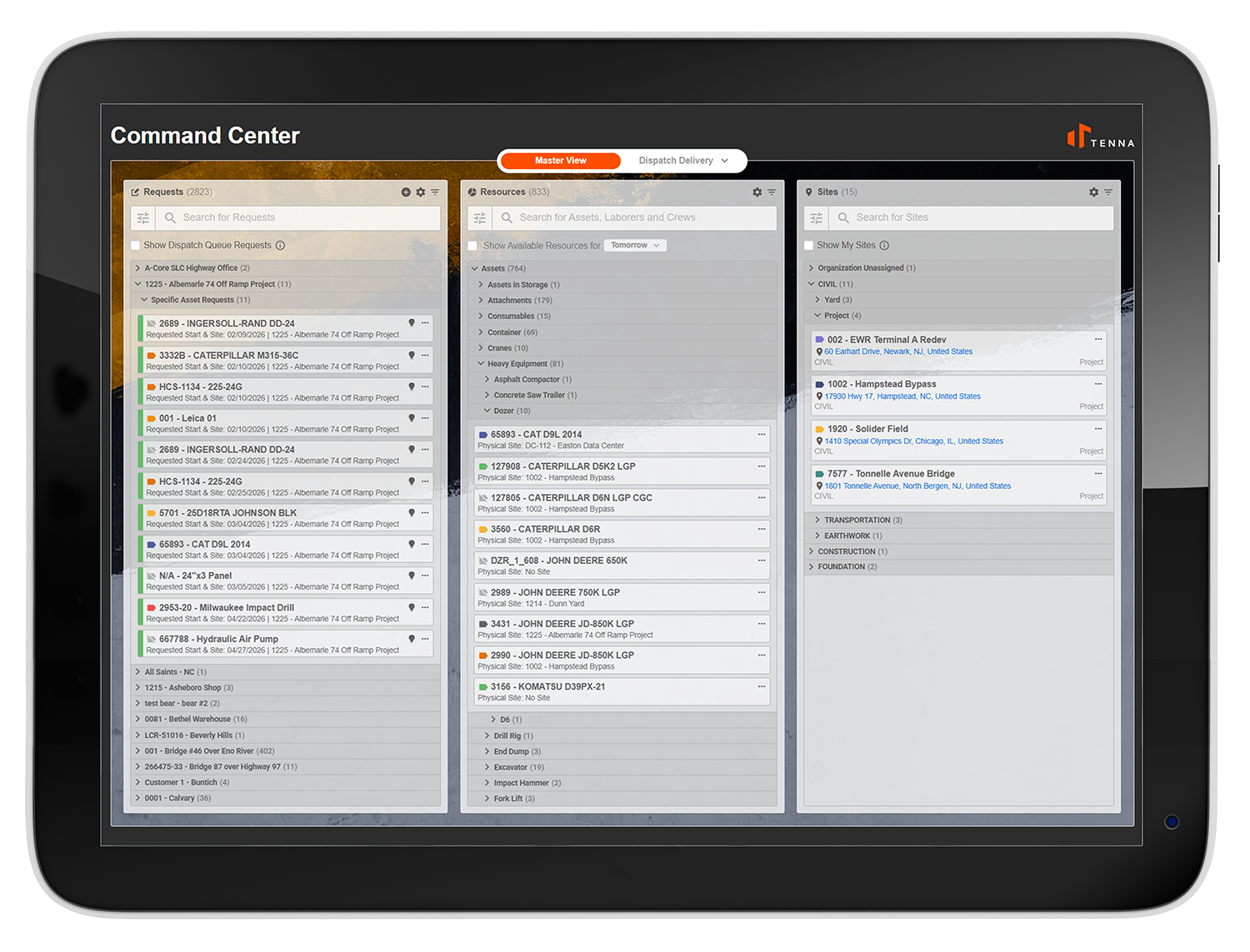 Command Center software interface displaying asset management panels with project lists and categorized data across three columns