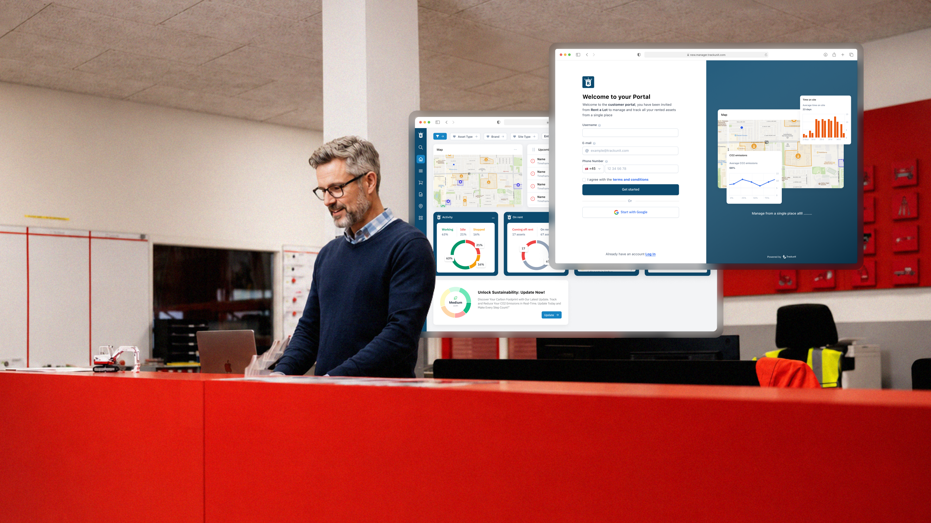 Professional man at red desk reviewing analytics dashboards and software interfaces on multiple computer monitors