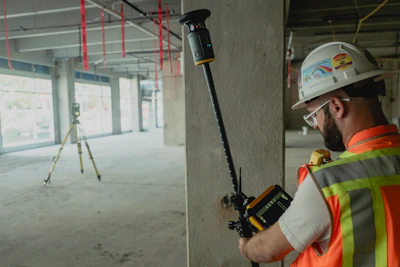 Construction worker using laser level tool on concrete wall at job site