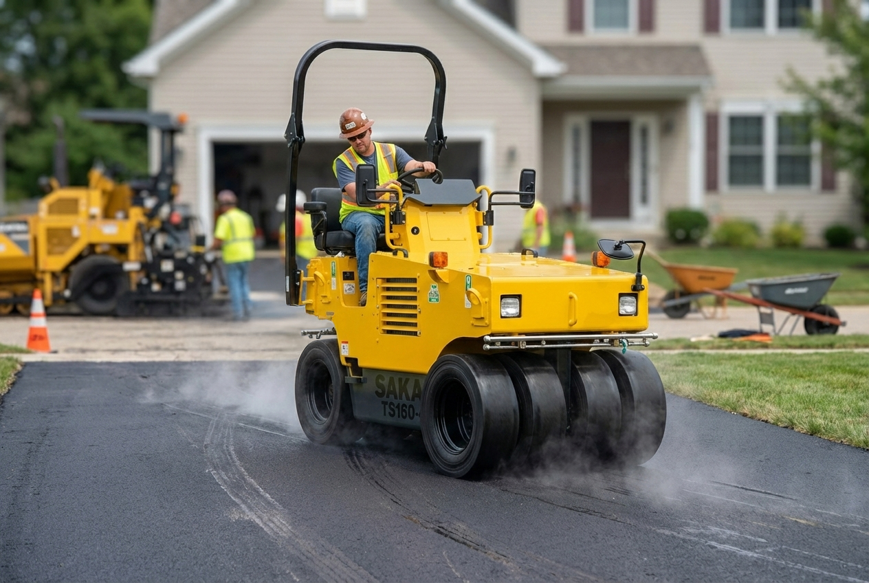 Yellow SAKAI road roller compactor operating on asphalt driveway during residential construction with crew and equipment in background